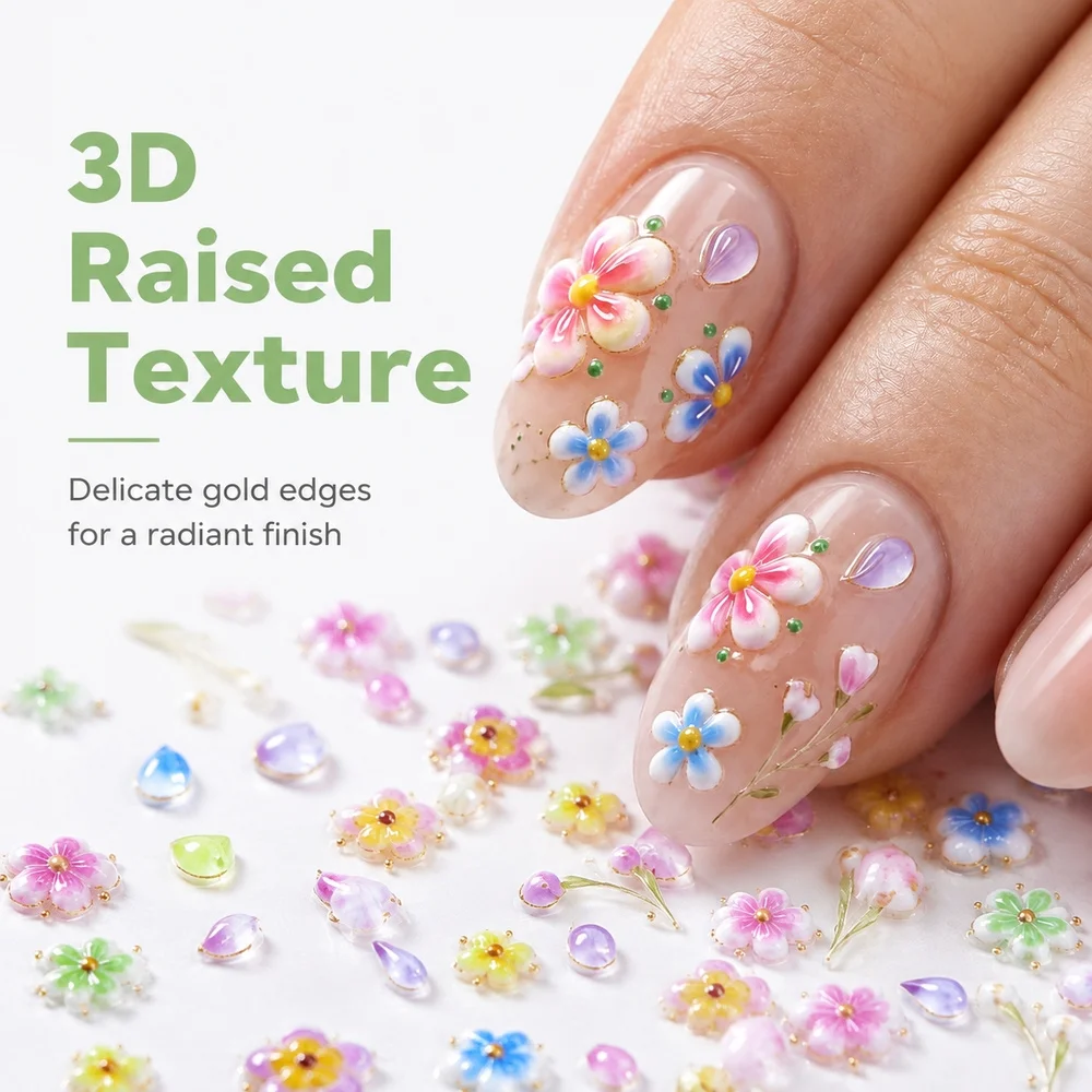 1Sheet Clear Bottom Spring Nail Stickers Stereo Multicolor Small Flower Teardrop Lightweight Nail Art DIY Tools