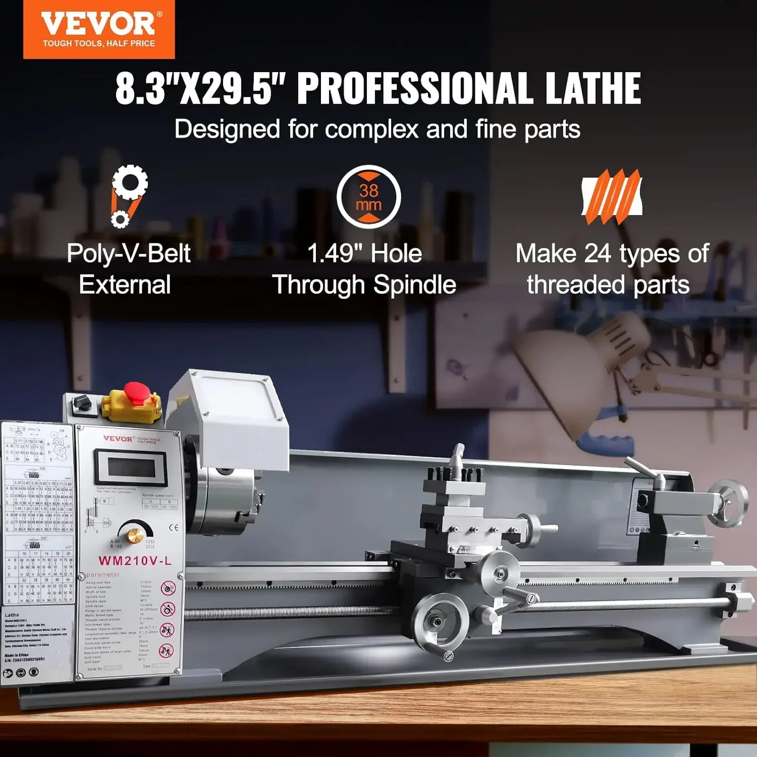 VEVOR Metal Lathe, 8.3'' x 29.5'' Benchtop Metal Lathe 0-2500 RPM Continuously Variable Speed 750W Brushless Motor Metal Gears w