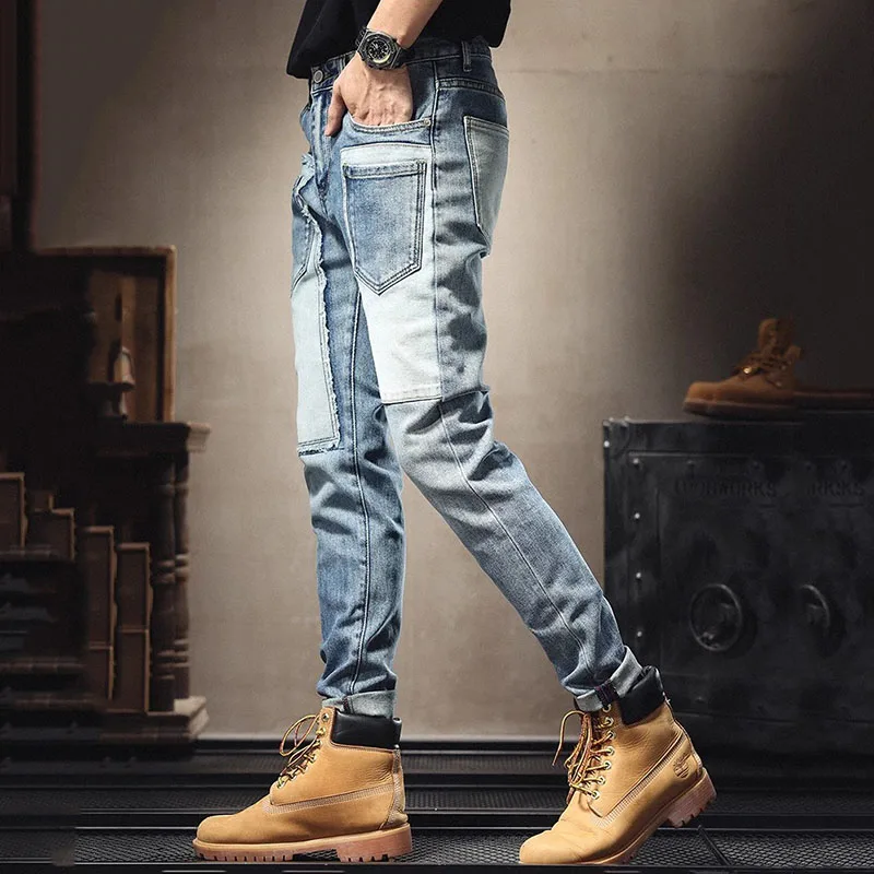 Men's Skinny Jeans, Youth Vitality, Male Streetwear, Denim Pencil Pants, Button Fly, Slim, Patch, Multi Pocket, Spring, Autumn