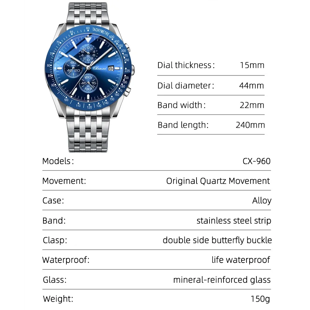 CHENXI أفضل العلامات التجارية الفاخرة للرجال كوارتز ساعة سلسلة مقاوم للماء الفولاذ المقاوم للصدأ ساعة اليد الأنيقة التصميم الكلاسيكي للسادة