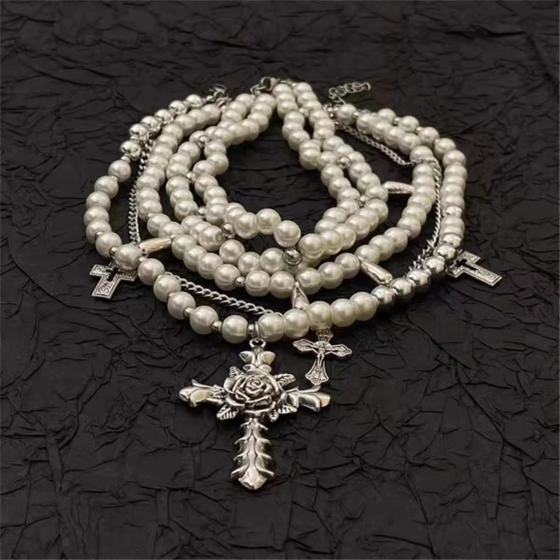 Vintage Pearls Multilayered Strand Choker Necklace with Sturdy Alloy Crosses Pendant Jewelry Accessory for Trendy Women