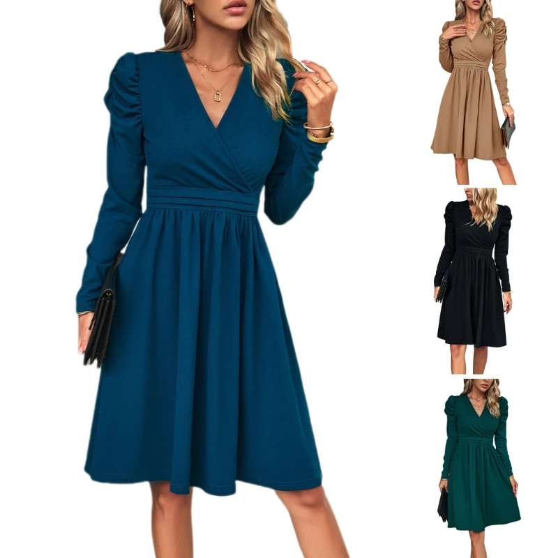 

Womens Ruched A-line Dress Long Sleeve Wrap V-Neck Party Midi Dress Sexy Elegant Cocktail Dresses Solid Color Dropship