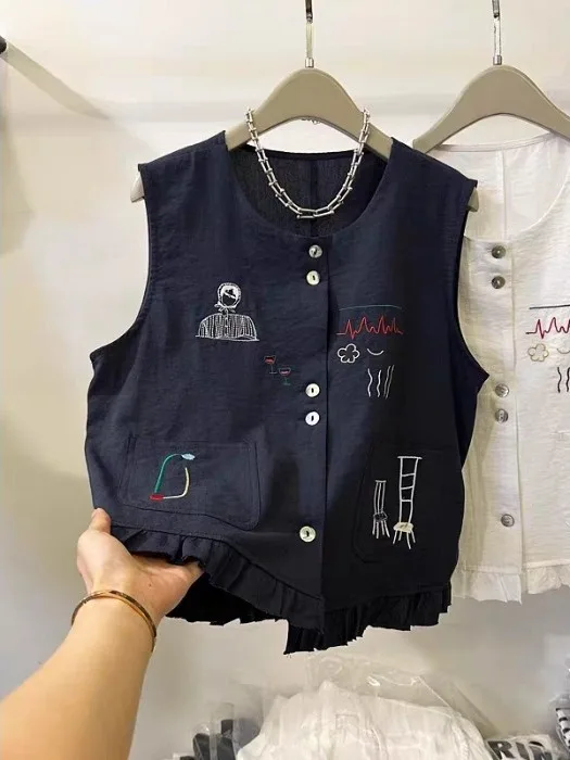 

Женский жилет большого размера с художественной мультяшной вышивкой, круглый повседневный летний топ на одной пуговице