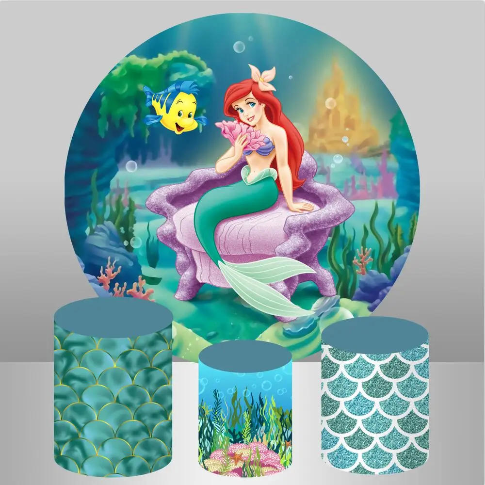 

Princess Girl Under The Sea Birthday Party Round Backdrop Cover Little Mermaid Ariel Theme Newborn Baby Shower Circle Background