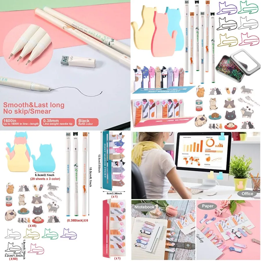 

Cute Cat-Themed Office and School Stationery Set with Sticky Notes Paper Clips Gel Ink Pens and Cartoon Stickers for Desk Acces
