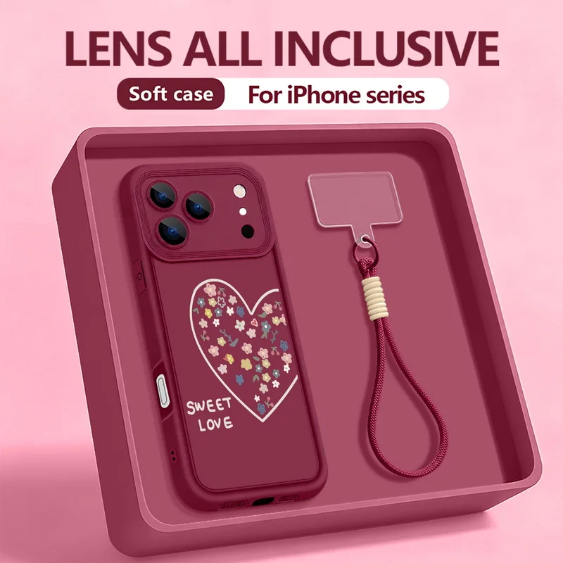 Süße Liebe Herzen Muster Lanyard Handyhülle für iPhone 17 Pro 16 14 15 Pro Max 12 13 Pro Max Air 16e 11 Weiche Handgelenkschlaufe Abdeckung
