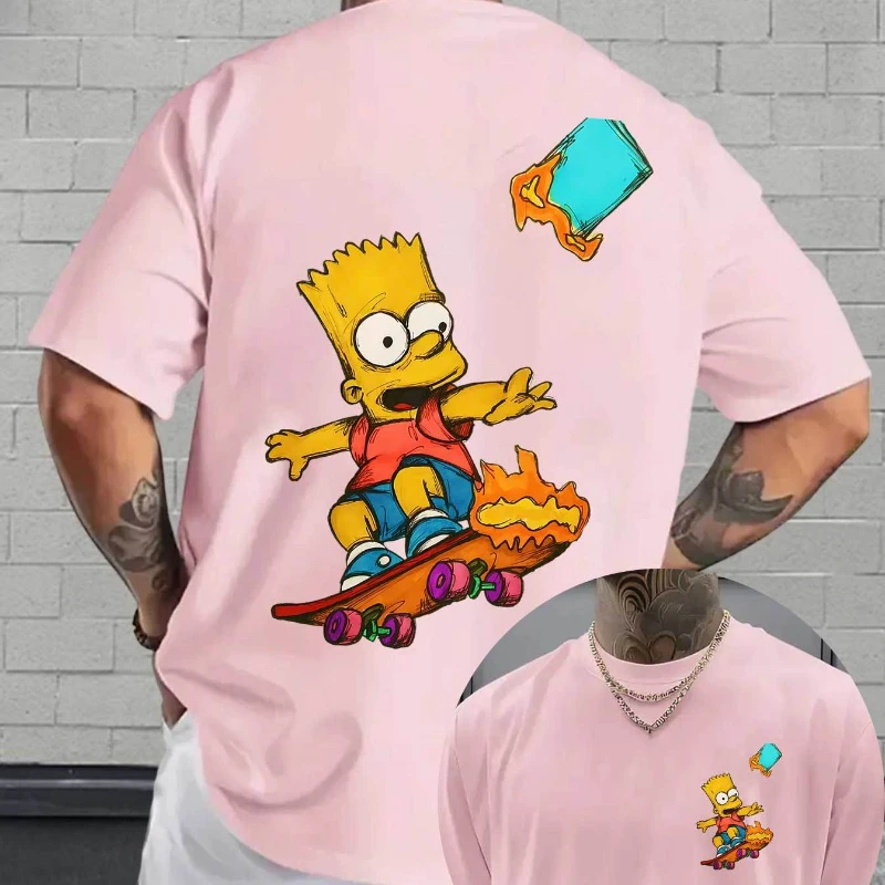 Summer Simpsons Pattern Casual Short-sleeved T-shirt, Printed Bart Skateboard Flame Pattern Soft and Comfortable Top