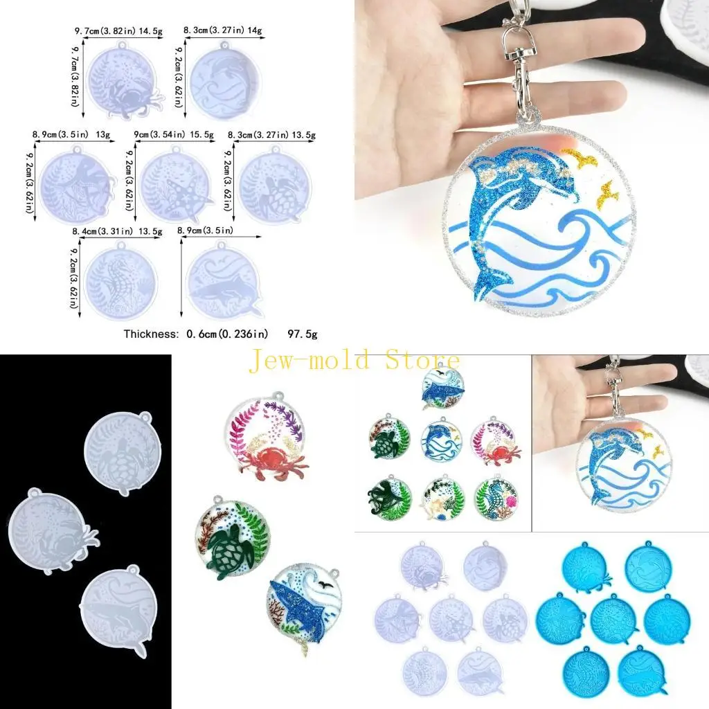 

C71B 7Pcs Marine Animal Keychain Moulds Epoxy Round Silicone Pendant Mould