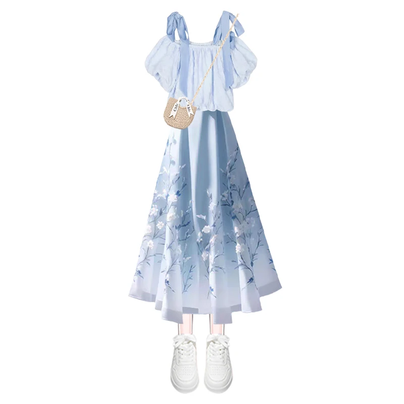 Set gonna a vita alta estiva Fre Abito da donna unico in due pezzi Sli Fibra di poliestere abbottonatura Ensemble Faionable