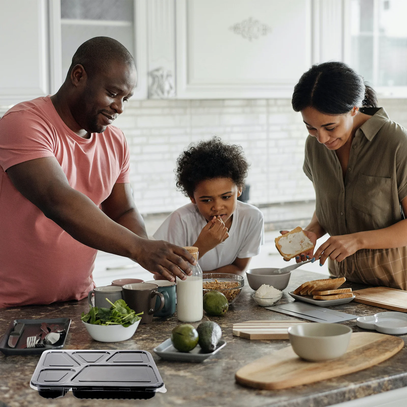 

30pcs 5 Compartment Food Containers Stackable Microwave Safe Oven Safe For Meal Prep Storage Serving Black Disposable Lunch Box