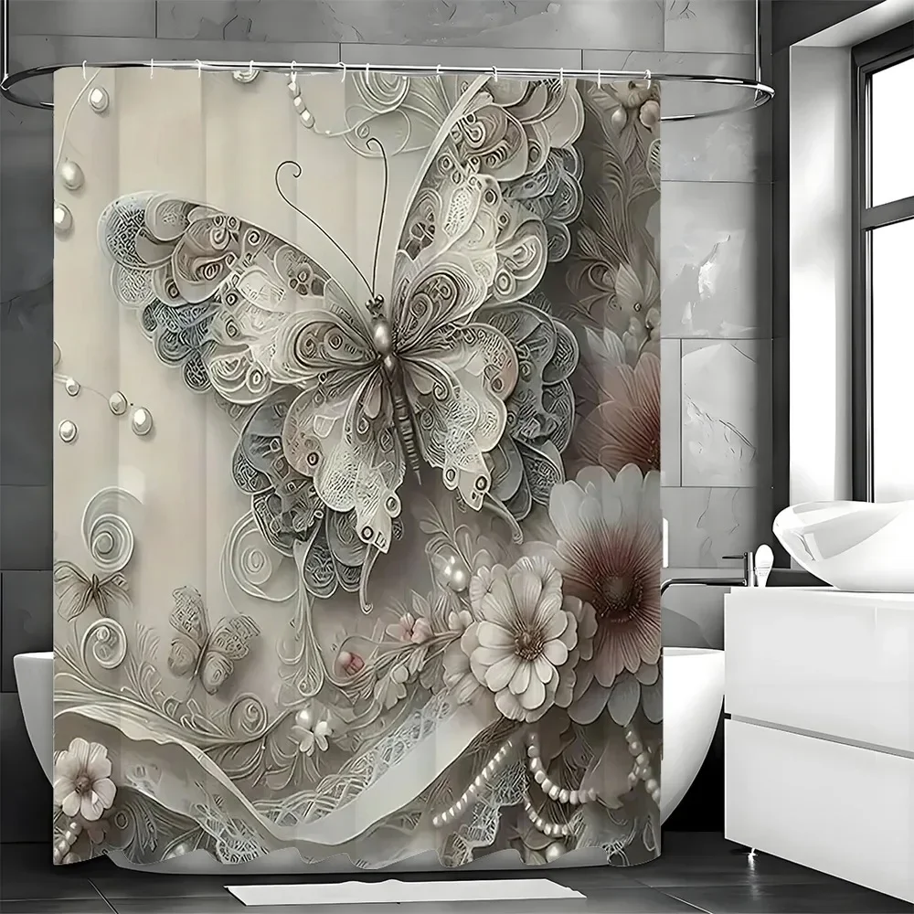 Shallow Embossed Art Butterfly Flower Shower Curtain, Bathroom Decorative Shower Curtain, Waterproof Shower Curtain with Hooks