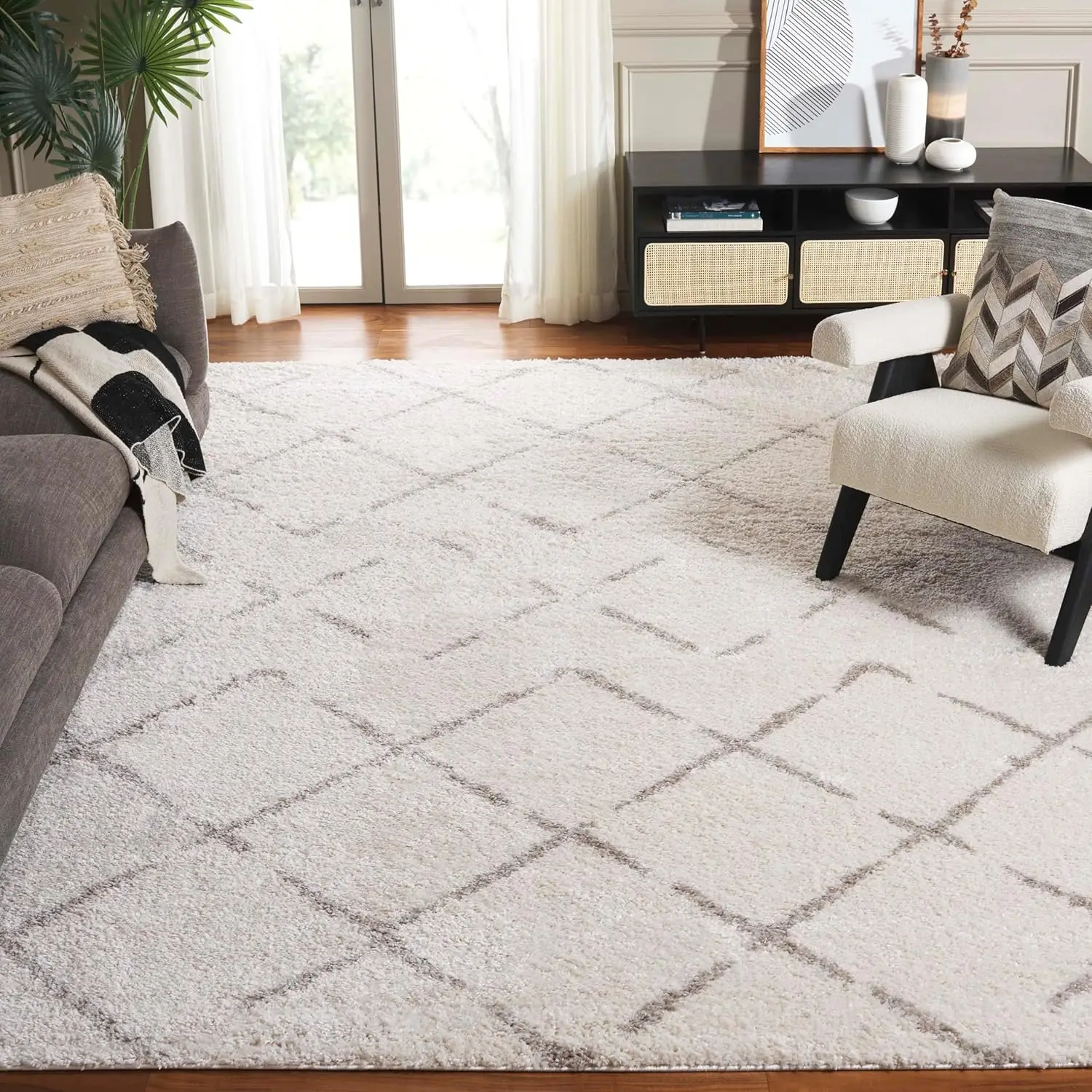 Arizona Shag Collection Area Rug  9' x 12',Ivory & Beige, Moroccan Diamond Design,Non-Shedding & Easy Care,1.6-inch Thick Ideal