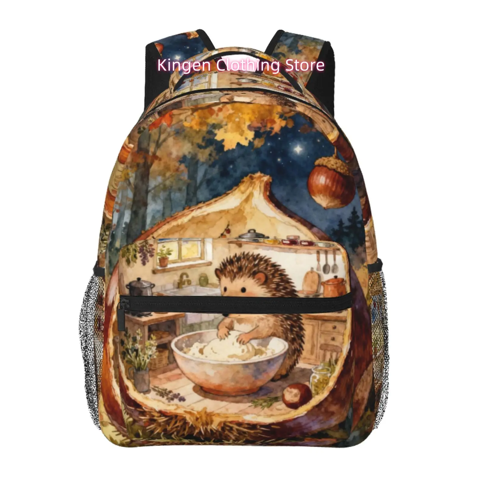 Large Capacity Watercolor Hedgehog & Acorn House Autumn Forest Print Backpack - Adjustable Laptop Suitable for Work,, Travel, Da