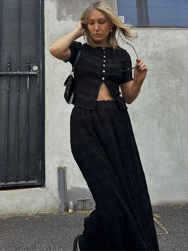 

Elegant Single Breasted Shirt Long Skirts Women Loose Short Sleeve O-neck Top A-line Pleated Skirt Female Summer Lady Suit