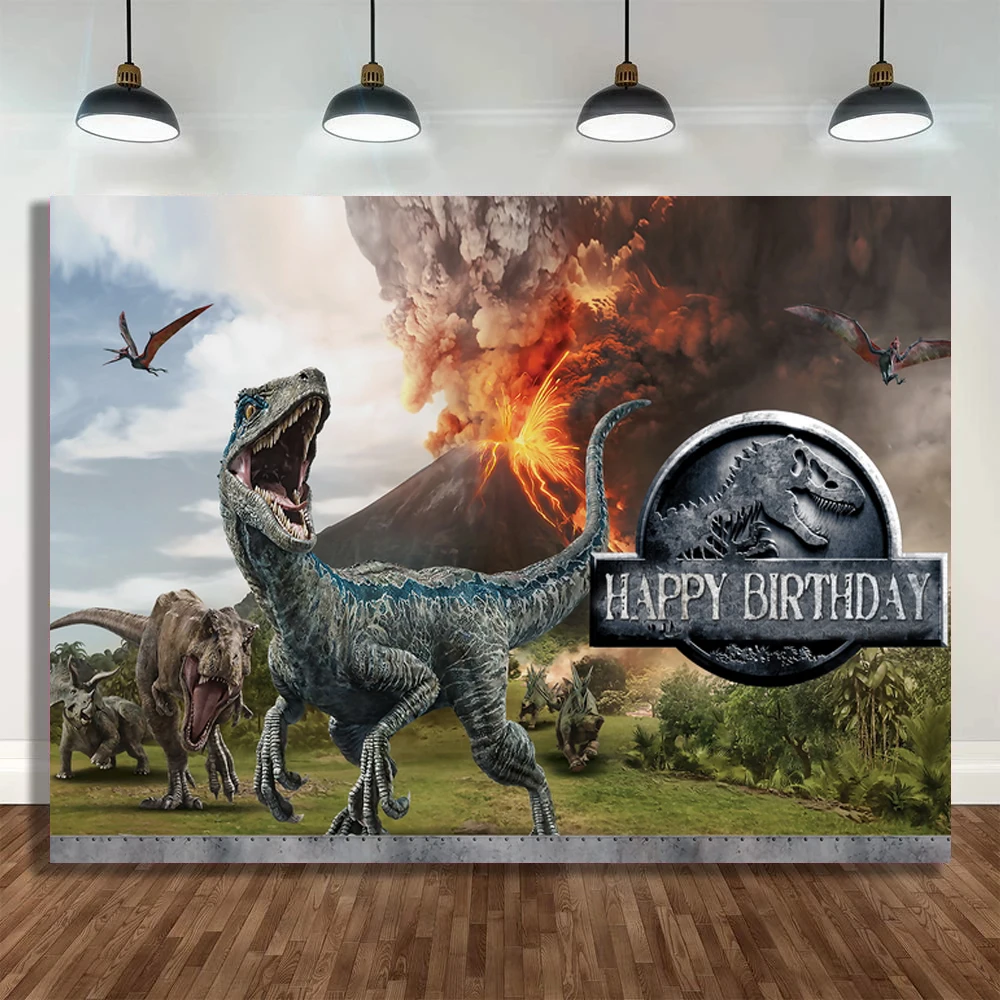 Jurassic World Party Running Dinosaur Background Volcano Eruption Customize Name Children Backdrop For Photography Room Decor