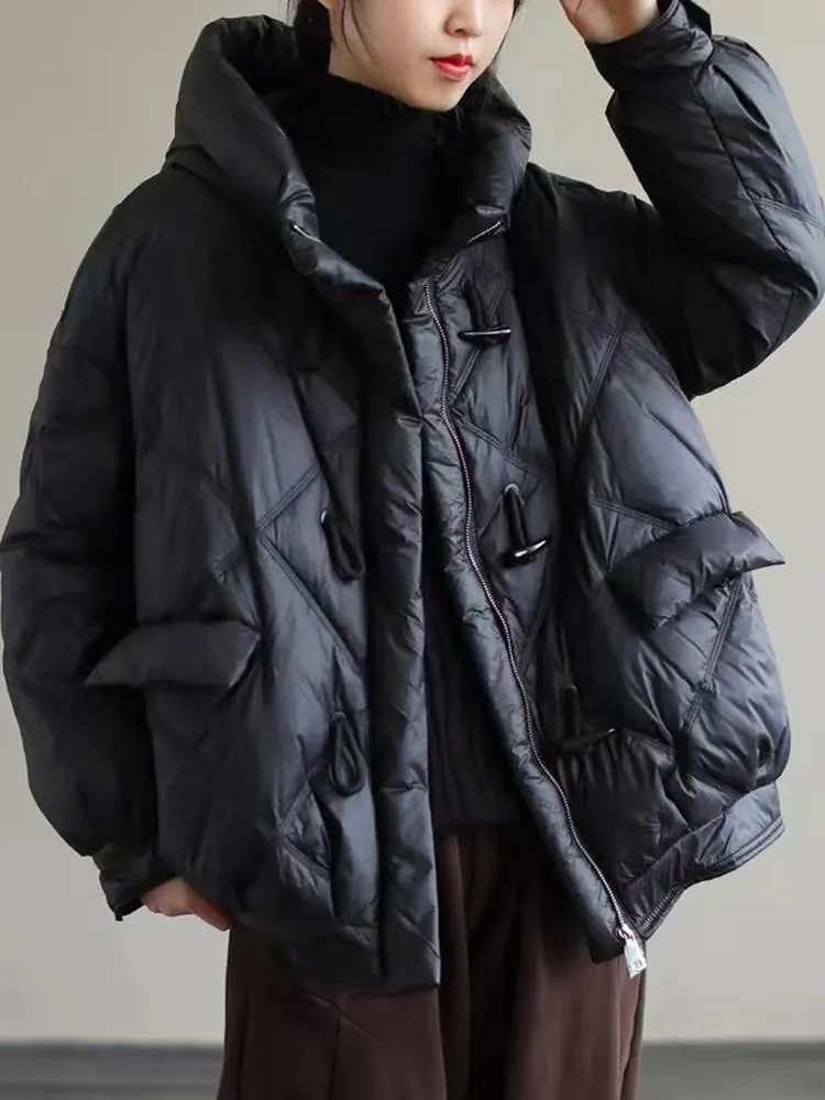 

Original Design Cotton Jaet Women's Faion Winter Coat Korean Sle Straight Cut Thiened Long Sve Zipper Closure Hat