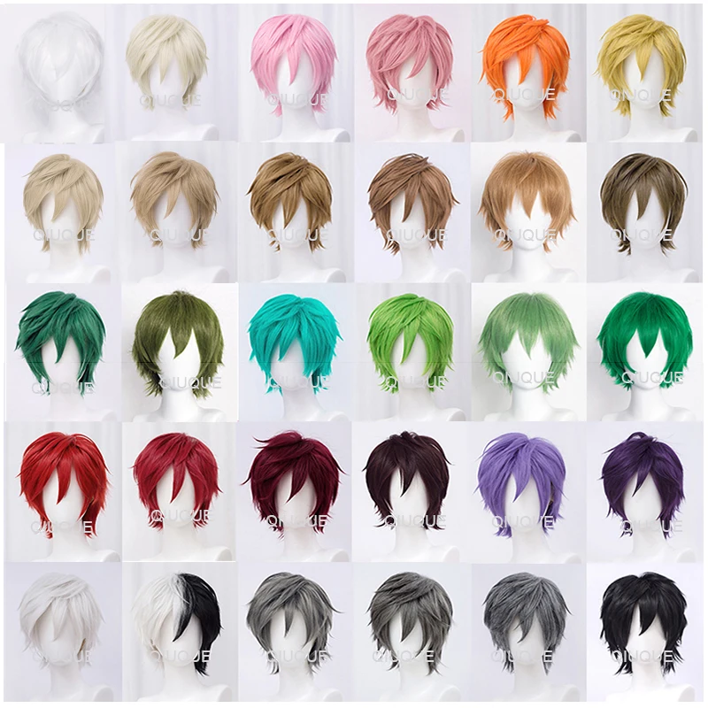 30cm Short Straight Cosplay Wig Anime Tilt Up Compatible Universal Omnipotent Heat Resistant Synthetic Hair Wigs + Wig Cap