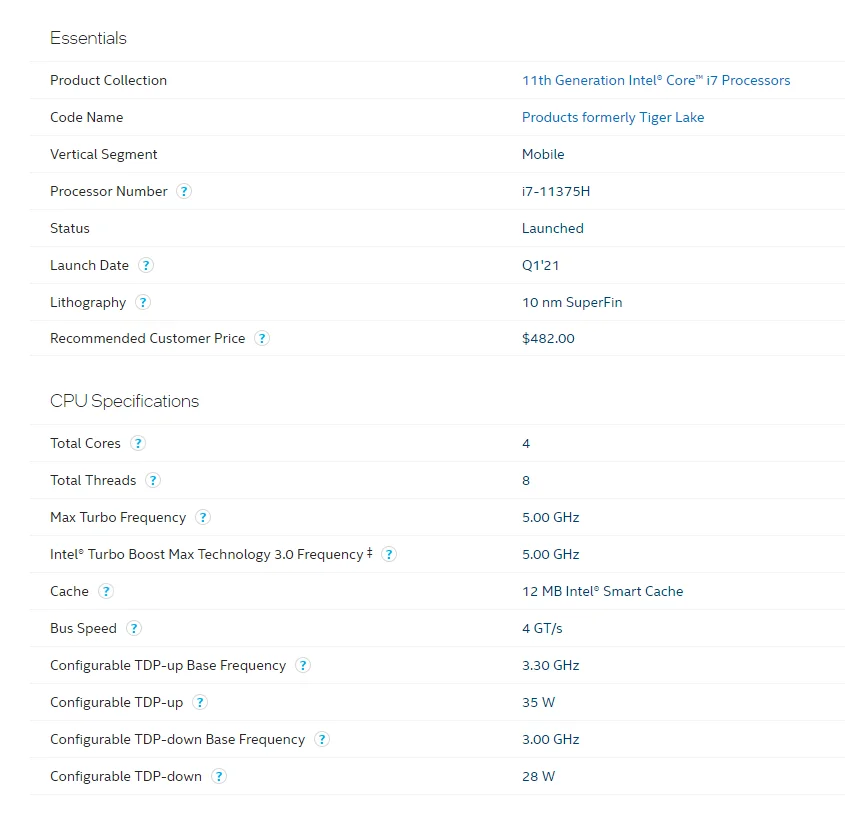 100% 새로운 인텔®코어™I7-11375H 프로세서 SRKH4 I7-11375H FCBGA1449