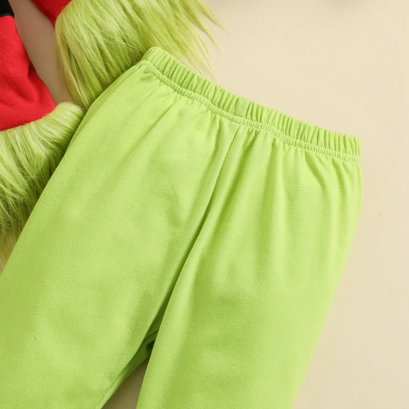 0-5T Kid Baby Christmas 2Pcs Cosutmes Long Sleeve Green Plush PP Furry Monster Top Elastic Waist Pants Cosplay Party Clothes Set