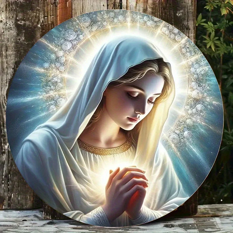2D Flat, [2D Flat] 2D Flat Print 1pc Metal Iron Sign, Vintage Wall Art - Serene Virgin Mary with Golden Halo, Sign, 7.87x7.87inc
