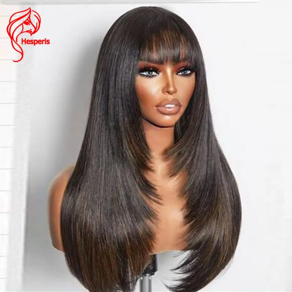 

Hesperis Highlight Black Mixed Brown Straight Layered Long Full Machine Made Wig Bangs Remy Glueless Human Hair Wig With Bangs