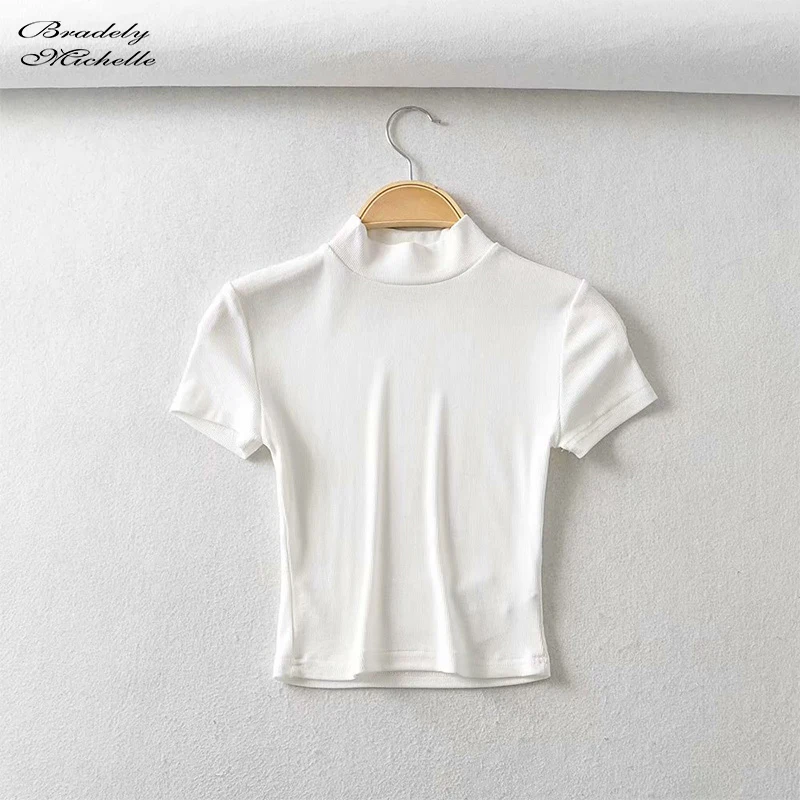 Bradely Michelle Fashion Sexy Summer Woman Slim Fit T-shirt Tight Cotton Short-Sleeve Turtleneck Tee Crop Tops