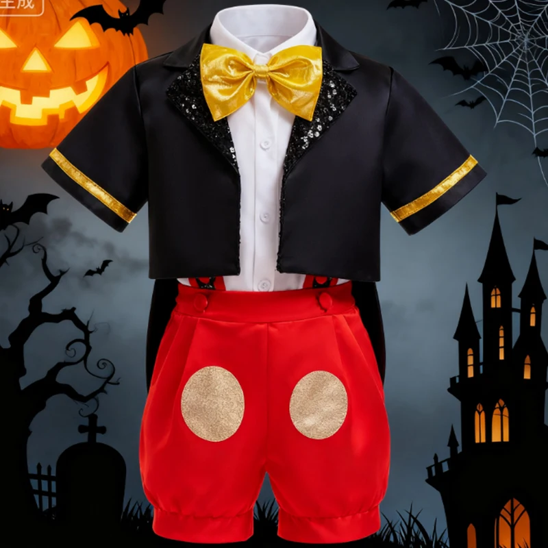 6 قطعة الكرتون ماوس بيبي بوي الملابس هالوين كرنفال عيد ميلاد وتتسابق ربطة القوس فيونكة أعلى معطف قصير الأكمام السراويل تأثيري حلي