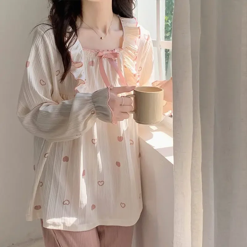 2024 New Women Long Sleeve Thin Pure Cotton Pajamas Cotton Breathable Homewear Suit Loose Casual Female Two-Piece Nightclothes