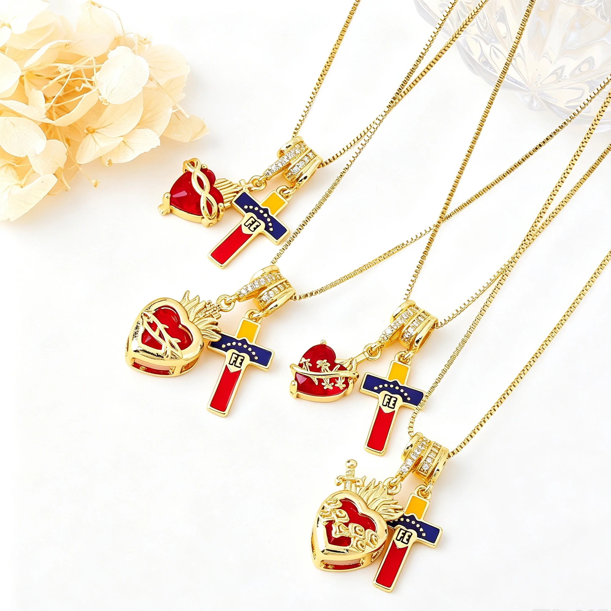 Trendy Religious Sacred Heart Crystal Pendant Necklace Enamel Venezuelan Cross Choker for Women Faith Party Neck Jewelry Gift