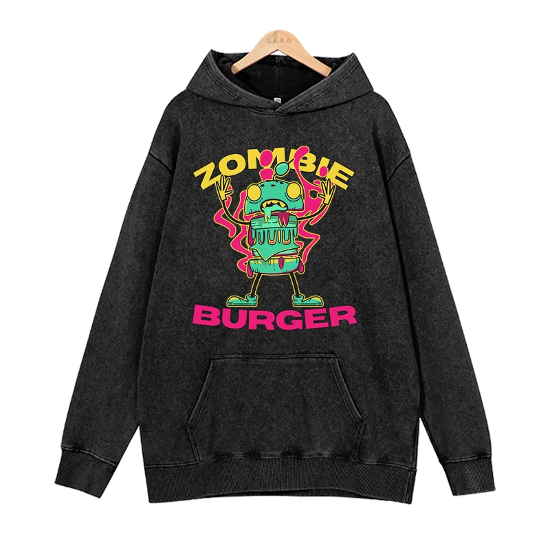 Cotton Heavy Women's Hoodie Burger Robot Colorful Graffiti Creative Multi functional Loose Casual Long Sleeve Top