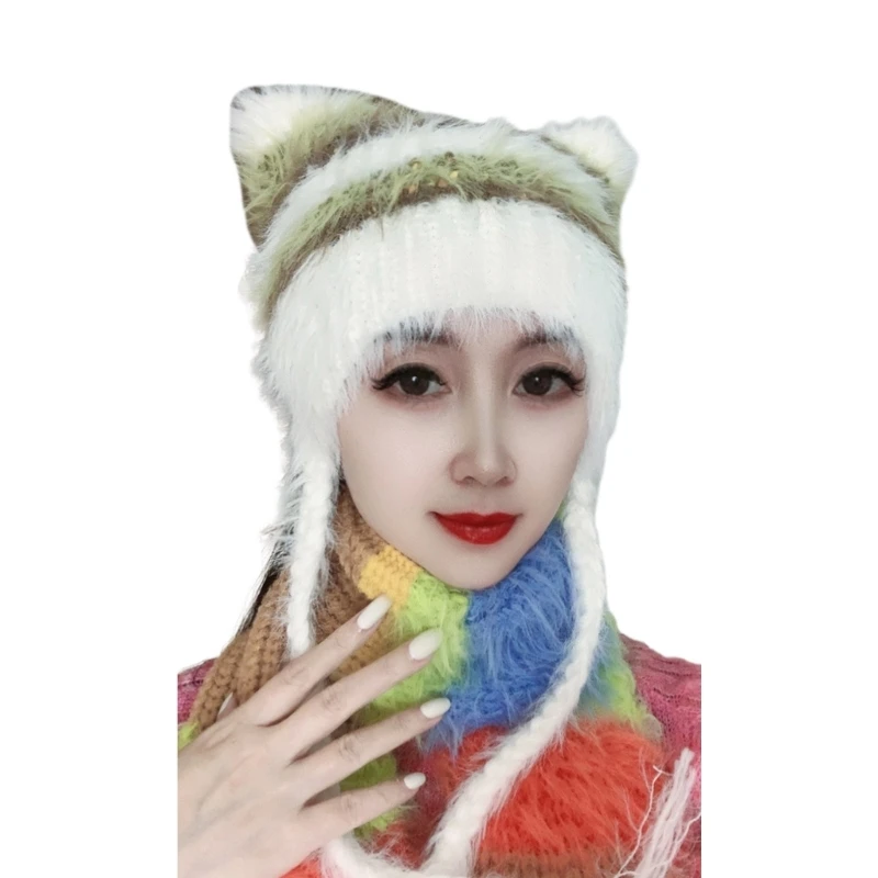 Striped Knitted Winter Kitten Ear Hat Furry Beanie Halloween Cosplay