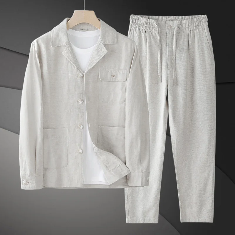 

Льняной хлопковый деловой повседневный костюм (пиджак и брюки) для мужчин: весна-лето-осень, свободный крой, модный городской стиль, застежка на несколько пуговиц