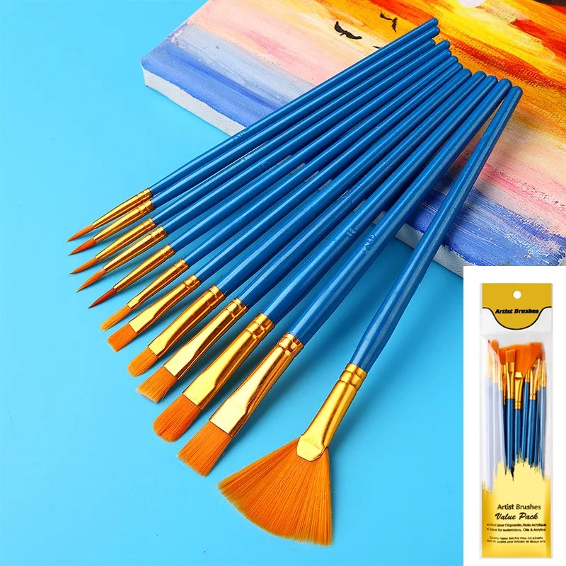 10Pcs/Bag Painting Artist Brushes Set Art Round Flat Hair Nylon Hair Paint Brush Pen Oil Acrylic Watercolor School Stationery
