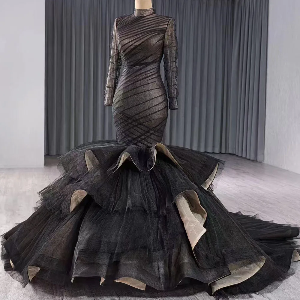 Gorgeous Black Customizable High Long Sleeves Evening Dress Ruched Tiered With Lace Up Back Prom  Dre2026