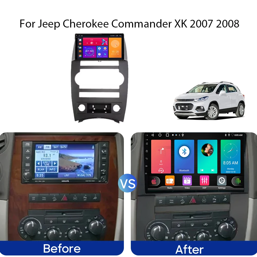 4G Car For Jeep Cherokee Commander XK 2007 2008 Android Auto Radio Multimedia Player GPS Navigation Carplay QLED Screen No 2din