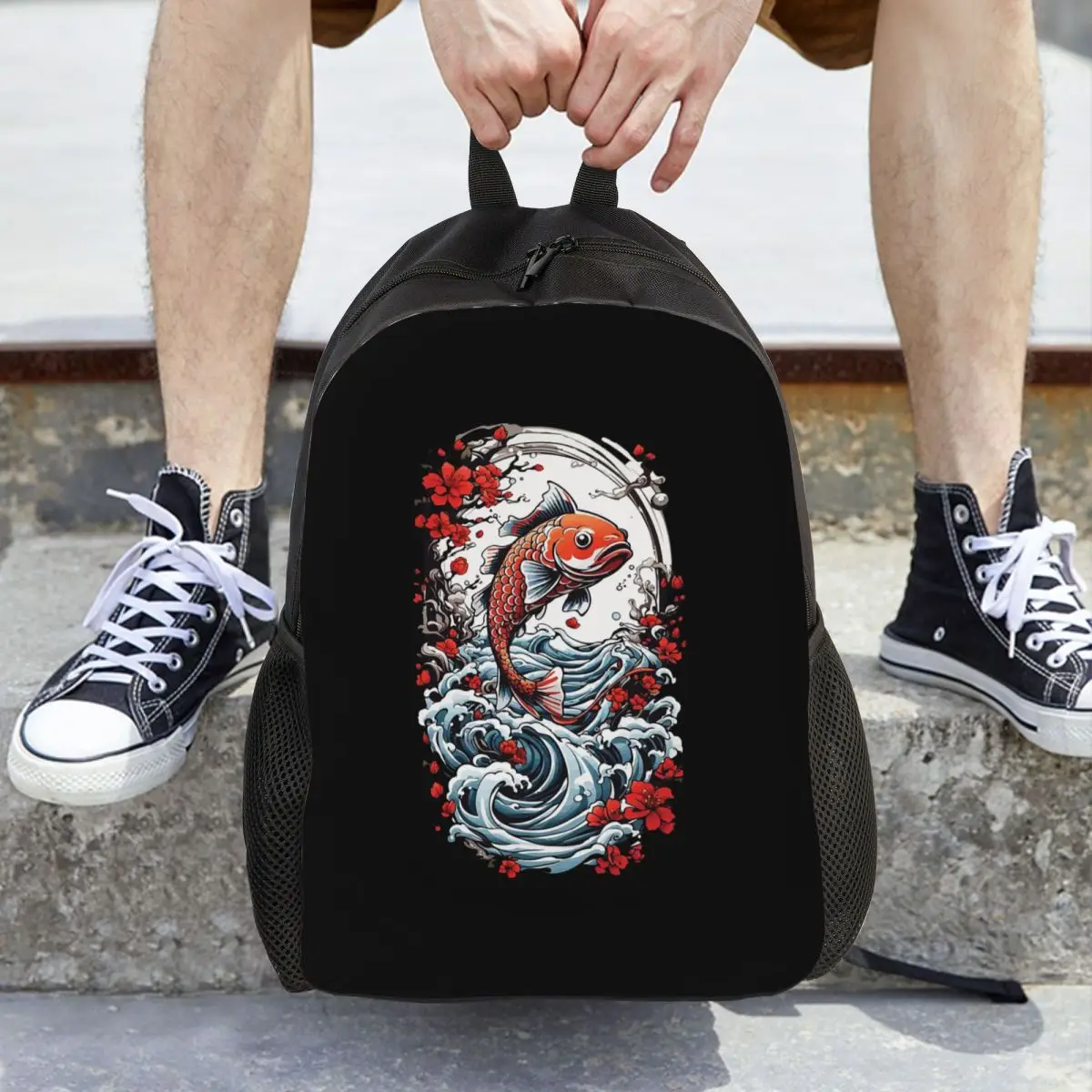 

Японский рюкзак в стиле Koi Fishing Streetwear, большой вместительный рюкзак для мальчиков и девочек, школьная сумка, сумки на плечо для мужчин и женщин