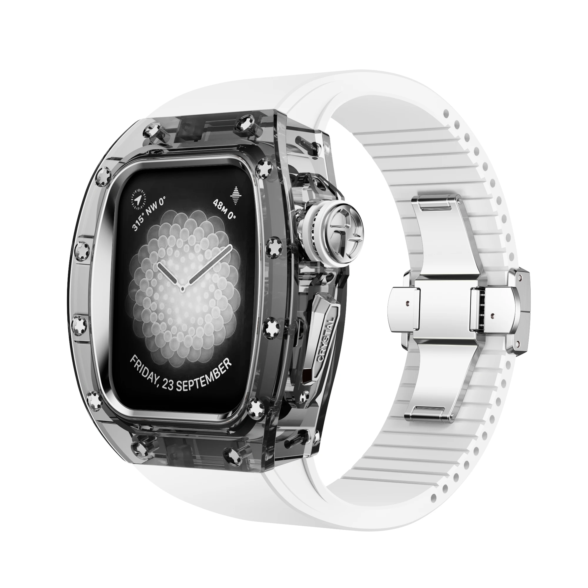 Fashion Retrofit Case Viton Strap Crystal Mod Kit for Apple Watch 44mm 45mm Luxury  iWatch Series 9 8 7 6 5 4 SE white band