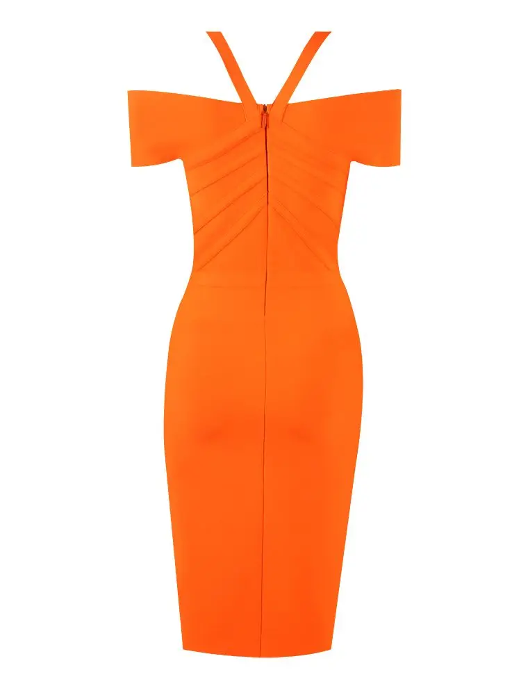 2024 women Mid-length bandage dress elastic knitted sexy V-Neck off-shoulder bodycon party celebrity vestidos orange