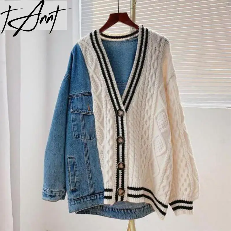 TANNT Women Cardigan Denim Sweater Patchwork Overcoat Ladies Oversized Coat Winter Autumn 2023 Spring Autumn knitted outwear