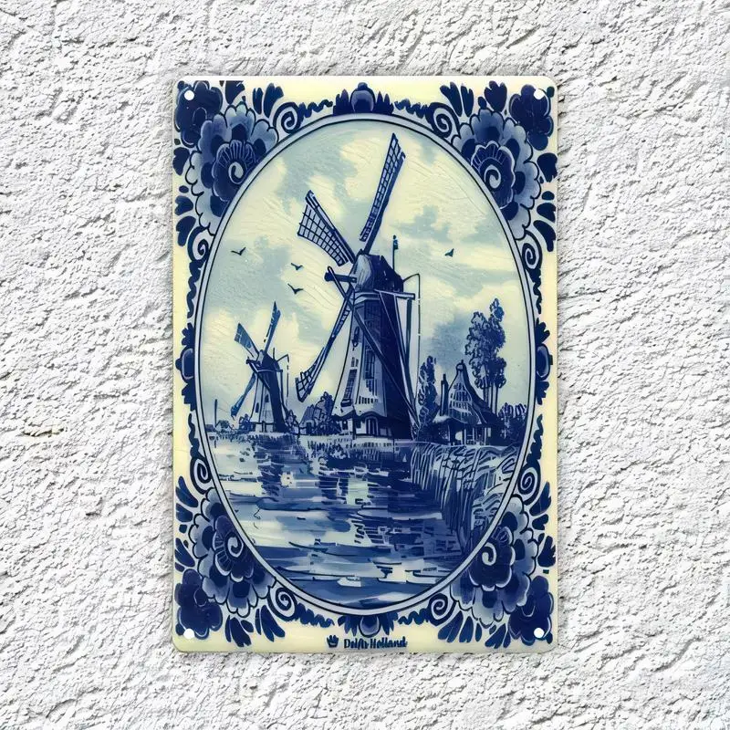 Delft Blue Dutch Windmill Metal Tin Wall Art - Blue Floral Border, Iron Decor with Windmills/River/Birds, Vintage Home/Cafes Dec
