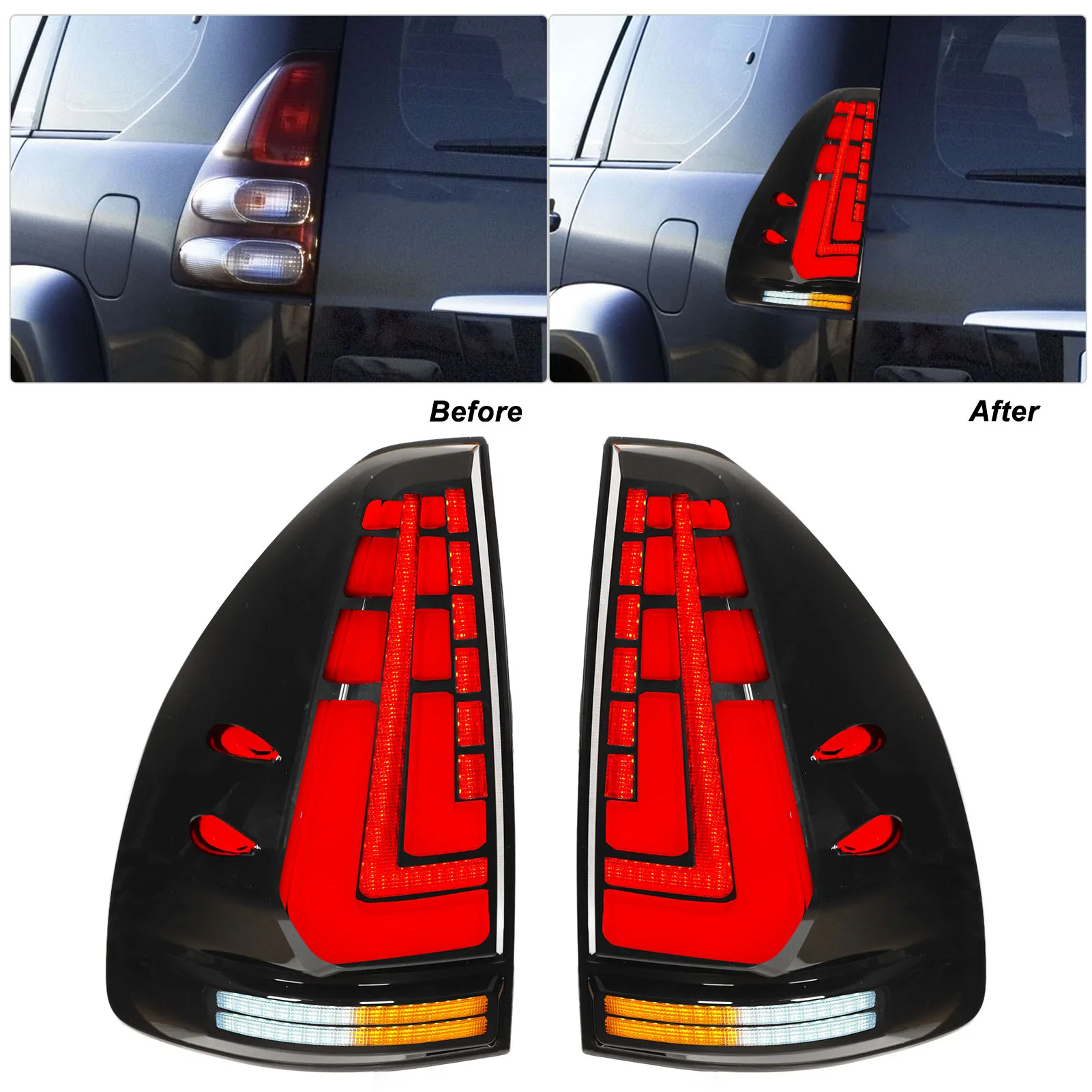 For Toyota Land Cruiser Prado 120 Series 2003 2004 2005-2009 1 Pair Left+Right Rear Tail Light Lamp Transparent Black Lens Color