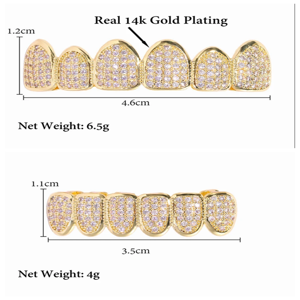 Hip Hop Cubic Zirconia Teeth Grillz Set Gold Silver Color Teeth Grills Iced Out Top&Bottom Dental Grills Cosplay Party Jewelry