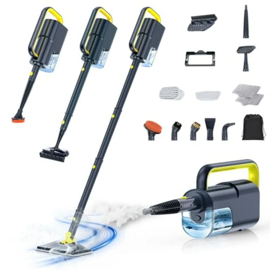 

10-in-1 Steam Mop for Floors Carpets Tiles BBQ Grill, Stainless Steel Dark Grey, 350ml Tank, 10s Heat-Up, 248F, 2-Level Control