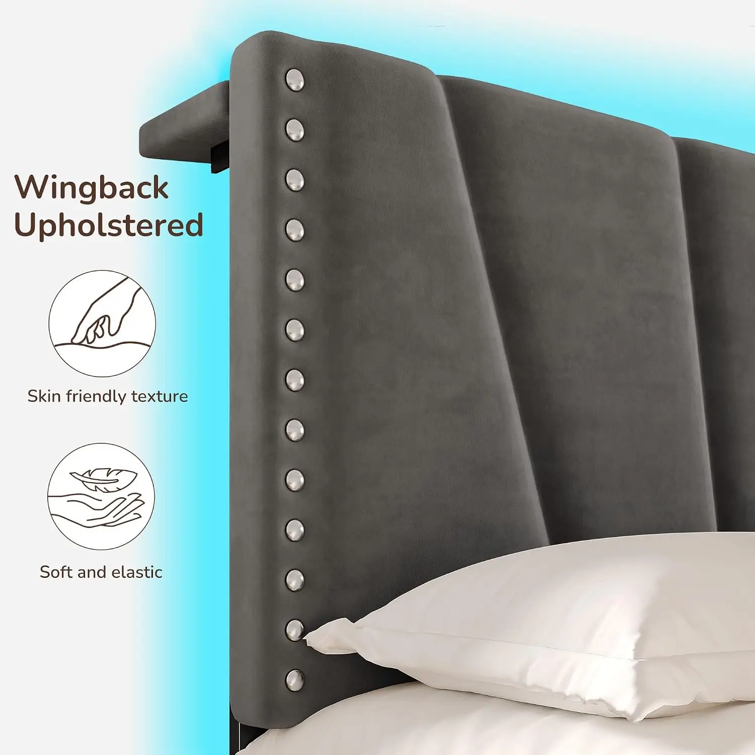 EnHomee King Bed Frame LED Light USB Charging Noise-Free Grey, Customized