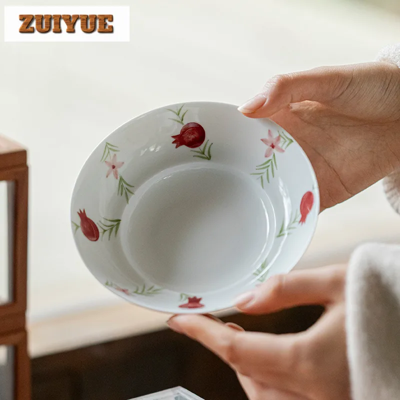 

Hand Drawn Pomegranate Round Pot Bearing Holder Traditional Dry Brew Table Tea Tray Fruit Snack Plate Cha Decoration Supplies