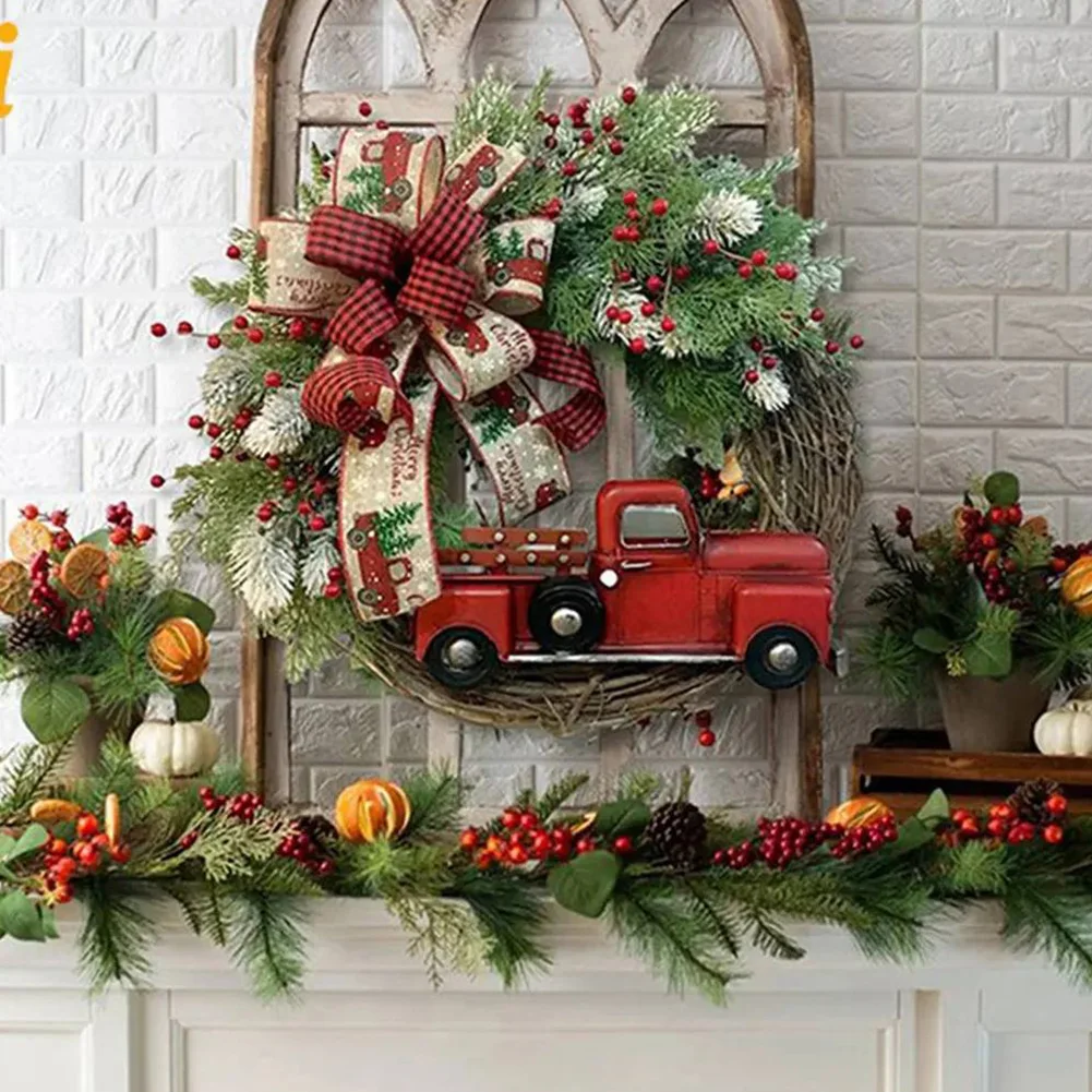 Red Truck Front Door Wreath with Pine Cones Artificial Wreath Christmas Door Wreath for Thanksgiving Xmas Decor