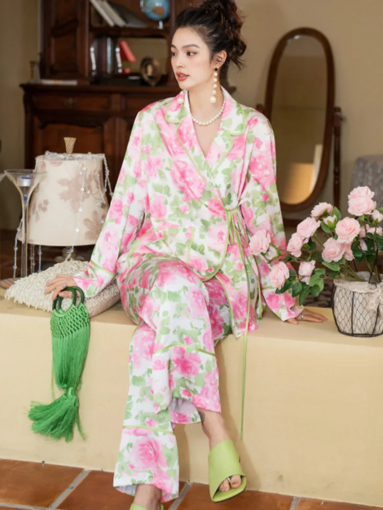 TXii Flower Print Kimono Women Pajamas Set Satin Long Sleeve Pants Suit Fashion 2023 Vintage Sleepwear Pj Home Clothes