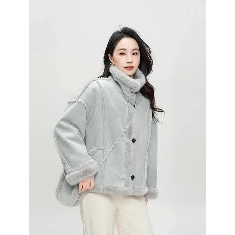 Women Fur Coat New Winter Artificial Fur Overcoat Splicing Motorcycle Coats Women's Loose Casual Standing Collar Blue Jacket