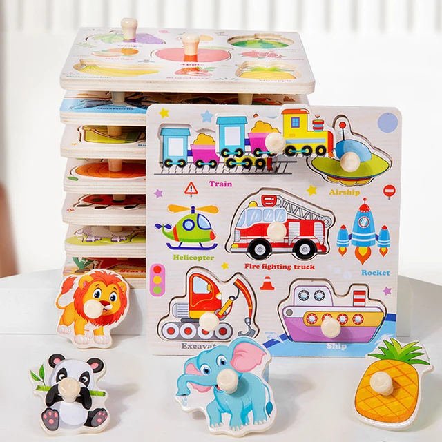 Drewniane puzzle Montessori zabawki dla dzieci Cartoon ruch zwierząt ręcznie chwyć deski wczesna nauka zabawki edukacyjne dla dzieci