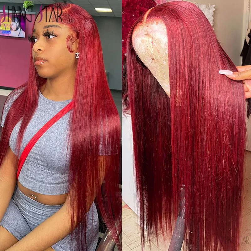 30 34 Inch 99j Burgundy Straight 13x6 HD Lace Frontal Human hair Wigs Colored Red Lace Frontal Wig For Black Women 180% Lace Wig